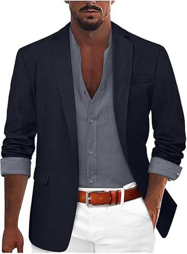 Blazer casual de ajuste regular para hombre, chaqueta ligera de color sólido, manga larga con bolsillo, chaqueta de vestir casual de negocios con botón de cuello de solapa