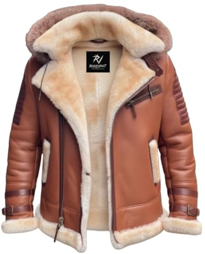 Men's Real Sheepskin B3 Bomber Jacket with Hood | Genuine Leather Aviator Coat | Shearling Fur Lined Winter Jacket (US, Alpha, X-Large, Regular, Regular, Brown)