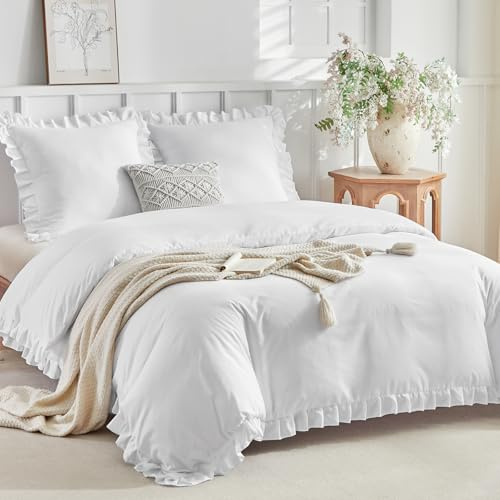 Lekesky Ropa de cama de 200 x 200 cm, color blanco, con volantes, ropa de cama de 200 x 200 cm, 3 piezas, microfibra, diseño de flores con cremallera y fundas de almohada de 80 x 80 cm