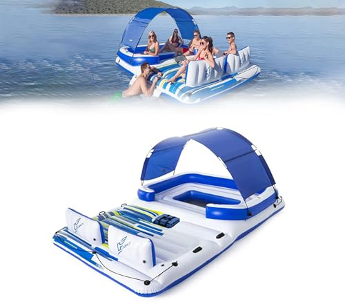 Isla Flotante Inflable Balsa Tumbona para 6 Personas, Hydro-Force Tropical Breeze con 6 Portavasos y Respaldos, Tumbona Flotante de Agua Desmontable
