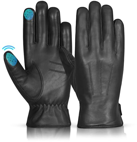 Hand Fellow Guantes de cuero genuino Guantes de invierno para hombre Forro cálido Guantes de conducción con pantalla táctil Negro (M, Original Black)