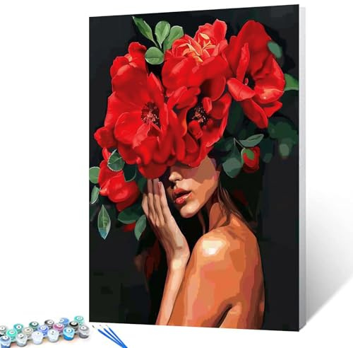 Tucocoo Måla efter nummer, motiv med kvinnohuvud av blommor, i modern stil, akryl, oljemålning-set, fin heminredning, måla efter siffror, perfekt för vuxna/nybörjare, utan ram – 40 x 50 cm