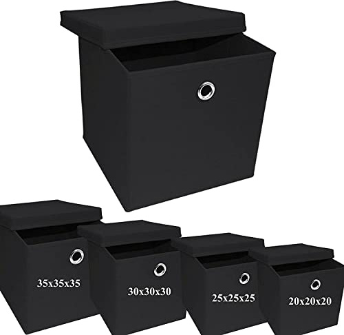 A406 3x Foldable Storage Boxes with Lid Storage Basket with Lid Fabric Cubes with Handles Collapsible Fabric Organiser Clothes Storage Box (Large -30x30x30cm, Black)