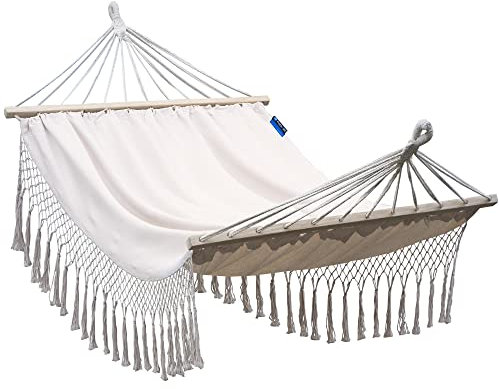 Potenza Hängematte Baumwolle Stabhängematte XXL 220 x 160 für 2 Personen, Belastbarkeit bis 200 kg Doppelhängematte (Santia-Ecru)