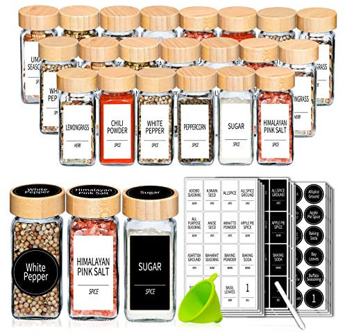 Churboro 48 Spice Jars with Labels- Spice Jars with Bamboo Lids - 4 Oz Glass Spice Containers with Shaker Lids, 547 Spice Labels of 3 Different Types Seasoning Jars for Spice Rack, Cabinet, or Drawer