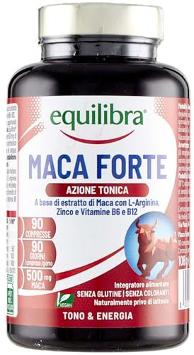 Equilibra Integratori Alimentari, Maca Forte, Tono e Vigore Fisico, Altodosato a Base di Estratto di Radice di Maca Peruviana 500 mg, L-Arginina, Zinco, Vitamine B6 e B12, 90 Compresse