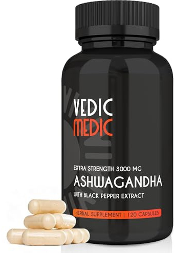 The Vedic Medic Organic Ashwagandha Capsules Extra Strength 3000mg with Black Pepper Extract - Stress Relief, Mood Enhancer, Energy Support - Non-GMO, Vegan, Gluten Free (120)