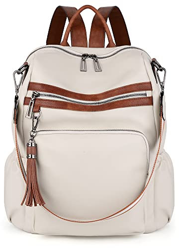 UTO Backpack Womens Travel Bag Multi Compartments fits 14 Inches Laptop Vegan Leather Cream
