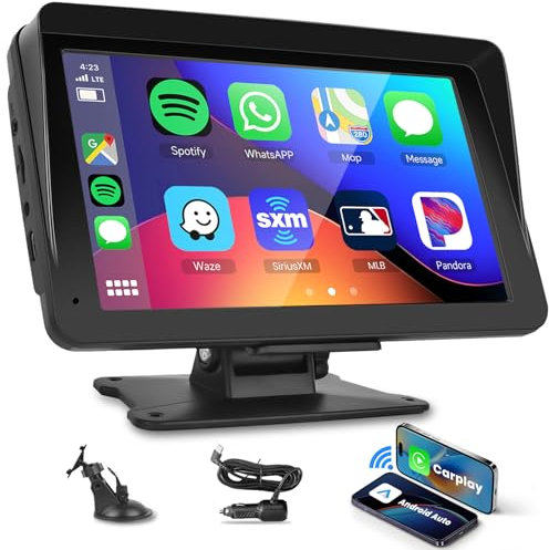 Podofo Autoradio Senza Fili Carplay 7'' Schermo Tattile Android Auto Airplay Bluetooth AUX FM Transmitter Radio Portatile Base Regolabile Installazione Facile a due vie DC7-32V