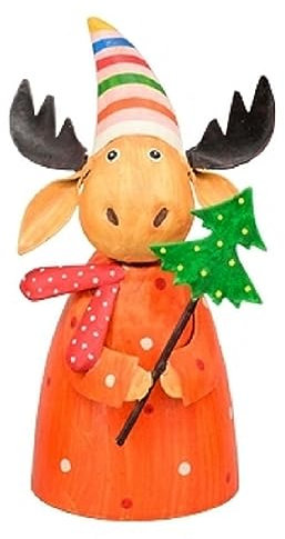 winterlicher weihnachtlicher Zaunhocker Elch mit Schal Metall bemalt Verschiedene Motive zur Auswahl (orange mit Tanne)