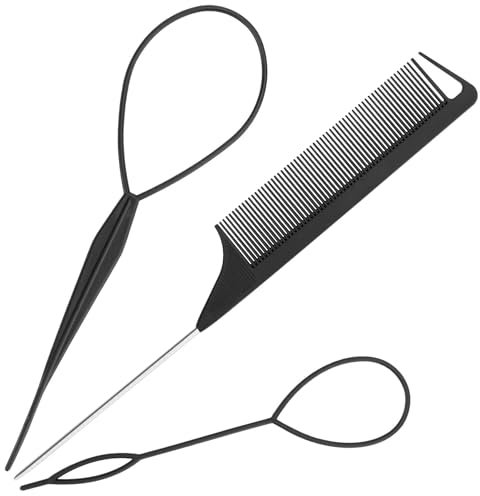 3pcs Topsy Tail Hair Tool, Hair Braiding Tool French Braid Loop Tool, Rat Tail Comb Fast Hair Styling Accessories (Black)