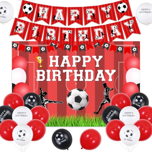 Sursurprise Fußball Geburtstag Dekorationen Rot und Weiß für Jungen - Alles Gute zum Geburtstag Banner, Go Team Folie Ballons, Party Supplies