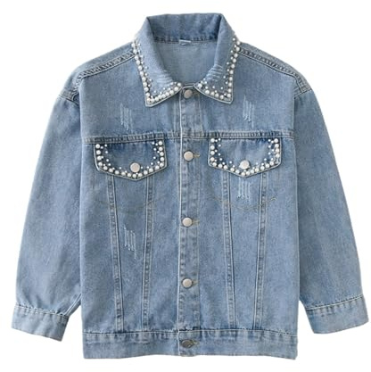 Rolanko Jeans Jacket För Flickor, Jacka Jeans Grundläggande Slitna Outwear Skjortor Klämnade Jeans, pärlblå, 11-12 år