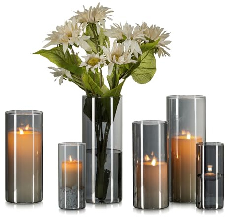 Hewory Vas svart för dekoration lägenhet: 6 vaser set chic blomvas modern stora glasvaser för bordsdekoration – vacker glasvas cylinder lykta glas svart vas grå för gåva flickvän matbord dekoration