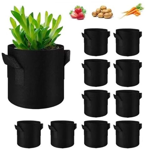 DafuDaGui 10 Stück 11L Pflanzsäcke aus Vliesstoff, Pflanzbeutel Kartoffelsack mit Griff, Ø25cm Höhe 20cm, Pflanztaschen für Gemüsebeet, Blumen, Pflanzen, 3 Gallonen, Schwarz