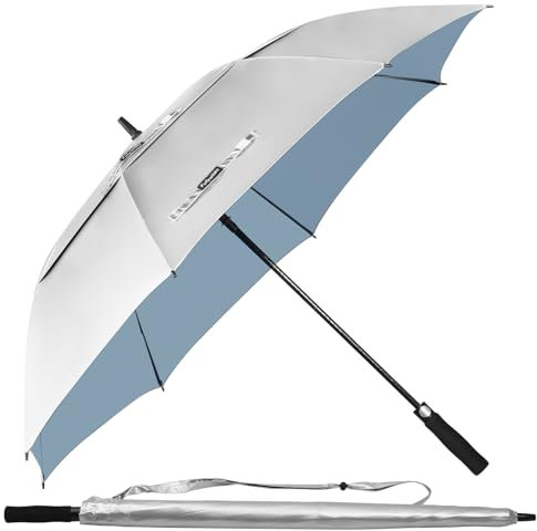 Fulynmen Sonnenschirm, UV-Schutz, winddicht, Doppeldach, belüftet, automatisches Öffnen, silber/himmelblau, 137,2 cm, LSF 50+