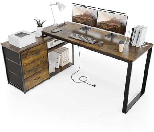 TRIUMPHKEY Schreibtisch l Form mit 3 Schubladen&Stauraum, 140 x 105 x 75 cm Reversible Eckschreibtisch, L-förmiger Schreibtisch mit 2 USB-Ladeanschlüssen und 2 Steckdosen, Braun