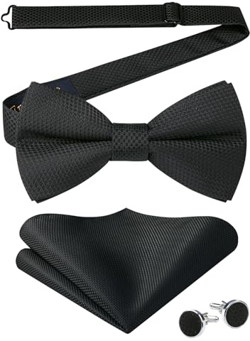 Enlision Bow Tie For Men Pre-Tied Bowtie and Pocket Square Cufflinks Set Black Textured Bow Ties and Handkerchief for Wedding Party Business
