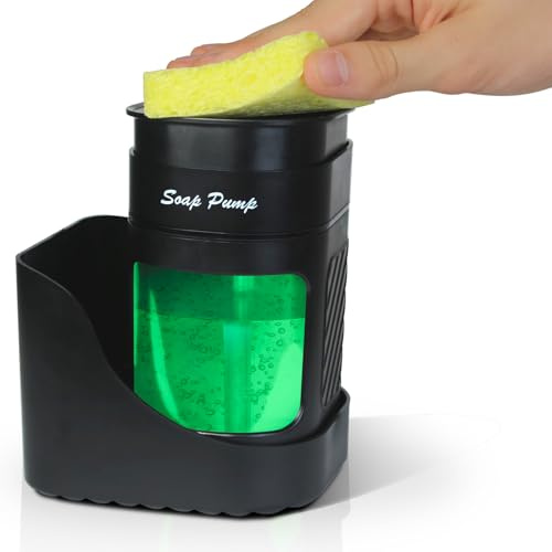 VITACHY Dispensador de Jabón Cocina 2 en 1 con Organizador Fregadero, Dosificador Jabón Lavavajillas Manual de Gran Capacidad 450ml, Soporte Estropajo y Bayeta Ergonómico para Artritis, Negro
