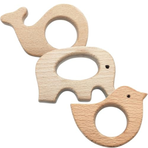 SIRLOMU Lot de 3 bagues à thé pour bébé - Figurines en bois naturel - Kit pendentif fait à la main pour bijoux DIY - Artisanat (bois naturel)