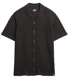 Superdry Herren Strickhemd mit Struktur Carbon Schhwarz Gehäkelt L