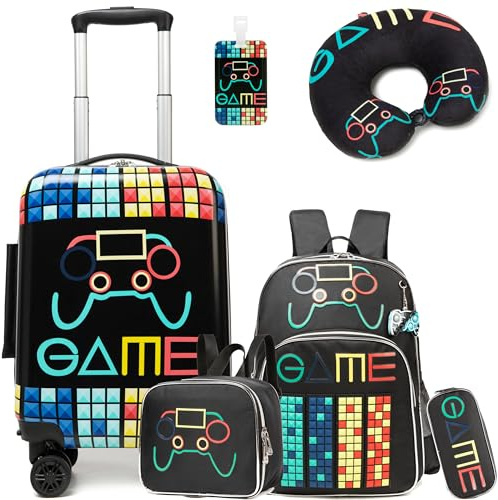 HTgroce Valigia Bambini, Trolley Bambino con Cuscino per il Collo, Valigia Per Bambini, Trolley Bambino da Viaggio, Valigia Ragazzo, Valigia Bimbo, Trolley Bagaglio a Mano Bagaglio per bambini