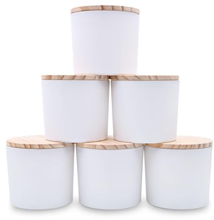 SHOWIN Tarros de vela gruesos de 12 onzas para hacer velas, 6 unidades, tarros vacíos con tapas de madera para tarros de especias, recipiente de muestra, blanco mate