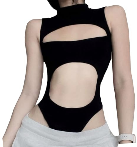 CHILIRIA Body negro Y2k Rave, cuello alto, recortado, sin mangas, lencería gótica de una pieza, Negro, M