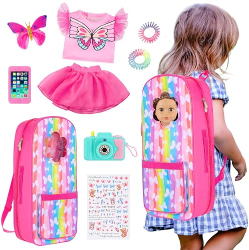 UNICORN ELEMENT 9 Items 18 inch Dolls Bag Set and Accessories Doll Carrier Including 18 Inch Doll Clothes, Camera, Sunglasses, Backpack and Sticker