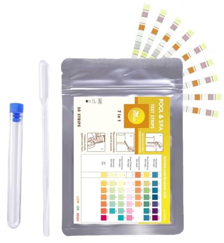 HAMKU Tiras de Prueba Agua 7 en 1 – 50 Unidades Test Rápido pH, Cloro, Bromo, Alcalinidad, Dureza Total, Ácido Cianúrico – Kit Análisis Agua Piscina, Spa, Acuario & Agua Potable