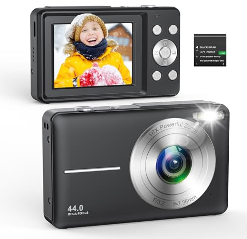 Digital Camera 1080P 44MP Photo Camera with 16X Digital Zoom Portable Compact Camera Vlogging Digital Camera for Children Teenagers Beginners Black