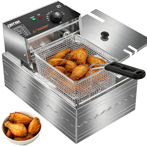 OSTBA Deep Fryer with Basket, 10.36QT Deep Fryer, 1600W Stainless Steel Commercial Deep Fryer with Adjustable Temperature 140–390℉, Removable Basket & Oil Tank