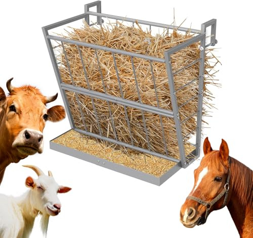 2-in-1 Wall Mount Hay Feeder, Silver Grain Rack for Goats/Horses/Sheep