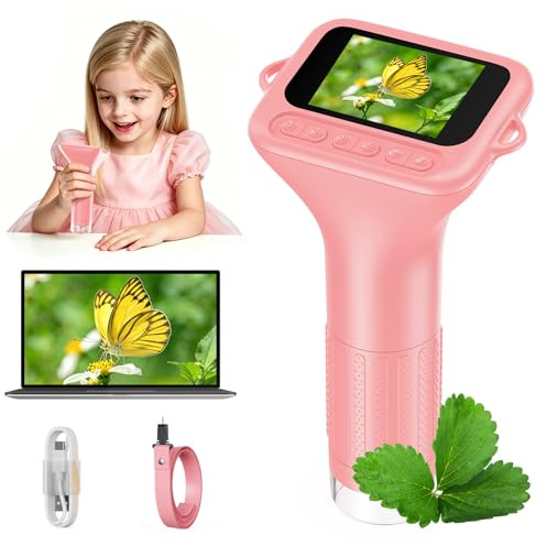 ASPOVEN Digital Microscope for Kids, 1000X Handheld Microscope with 2 IPS Screen, Photo & Video, Portable Microscope Camera for Kids, Educational Science Toy Gift for Boys & Girls (Pink)