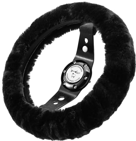 Andalus Brands Luxury Fluffy Car Steering Wheel Covers – Genuine Merino Sheepskin, Soft Fuzzy Car Steering Wheel Cover for Women, Universal 14.5-15 Size, Plush Fur Cute Auto Accessories, Black