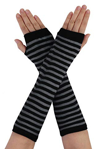 Allegra K Women's Fingerless Gloves Printed Elbow Length Knitted Arm Warmers One Size Black-Gray