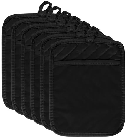 R HORSE 6Pcs Pot Holder with Pocket for Kitchen Black Pot Holders Set Cotton Heat Resistant Potholder Terry Cloth Coaster Hot Pad Oven Mitts Trivet for Baking Cooking 7''x9''