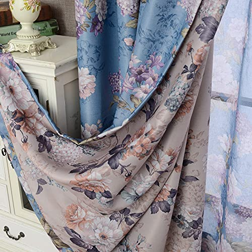 SUOUO Dubbelsidiga blommiga mörkläggningsgardiner för sovrum värmeisolerade mörkläggningsgardiner för rum för vardagsrum 132 x 213 cm lång 2 paneler pion blomma blå