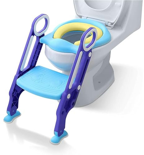 Toilettensitz Kinder mit Treppe, Aufun Toilettentrainer Faltbar Leiter Lerntöpfchen mit Treppe Baby Wc-Sitz mit PU Gepolstert Kissen und Griffen Töpfchen (Blau und Lila)
