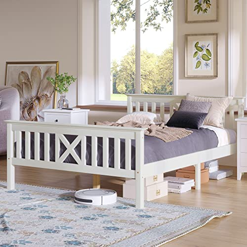 LERFAN Holzbett Doppelbett 140 x 200 cm mit Lattenrost, Klassisches Massivholz Bett mit Kopf- und Fußteil, Kieferholz Sicher und Stabil Geeignet als Gästezimmer, Ohne Matratze und Schubladen Weiß