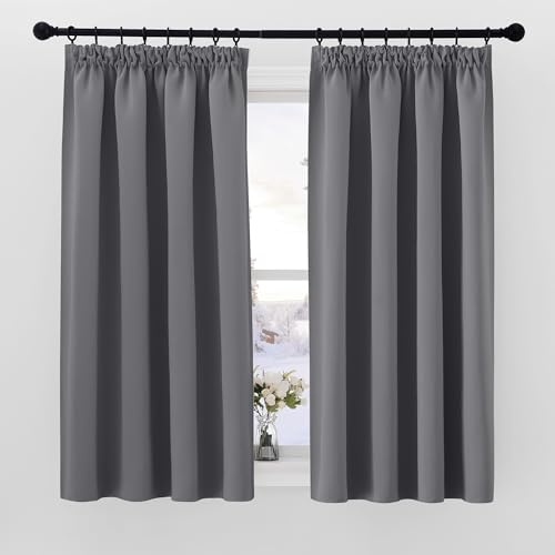 PONY DANCE Blackout Pencil Pleat Curtains, Grey, W46 x L45 Inch, 2 Panels | Thermal Insulated Curtains with Noise Reducing & Privacy, Luxury Soft Window Treatment for Bedroom, Living Room & Kitchen