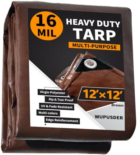 WUPUSDER Tarps Heavy Duty Waterproof 12x12ft, 16Mil Poly Tarps with Grommets, UV Resistant, Brown Multipurpose Tarpaulin with Reinforced Edges, Camping, Outdoor Coverings