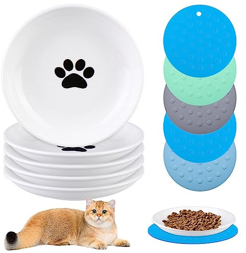 5 Pcs Katzennapf Aus Keramik, Katzenfutterteller Aus Keramik, Futternapf Katzen, Katzennäpfe Keramik Napf Mit Rutschfester Matte Fressnapf Katze Nassfutternäpfe Für Katzen Flache Schalen Für Kätzchen