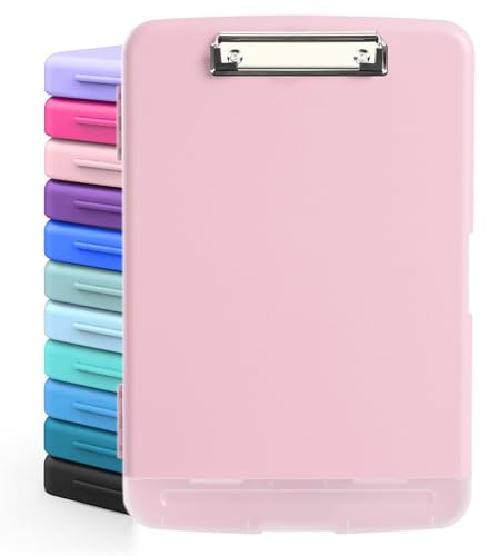 DMFLY Klemmbrett mit Aufbewahrung, robuste Clipboards mit Stifthalter, A4 Kunststoff-Klemmbretter mit Fach, starke Klemmbretter mit niedrigem Profil-Clip, ideal für die Arbeit (Light Pink)