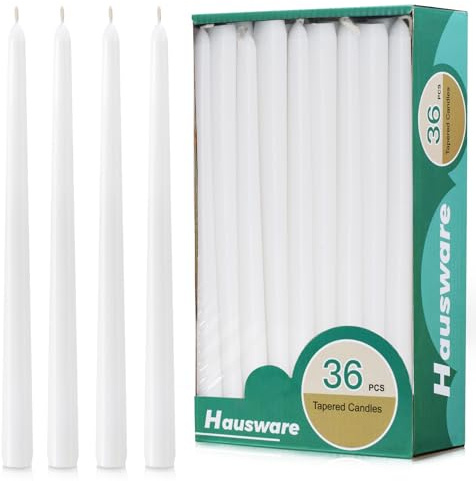 Hausware 36 Pack Taper Candles, 8 Hour Burn Time,Unscented Dripless and Smokeless, 10 inch Elegant Premium Quality Dinner Candle for Home Décor, Restaurant, Wedding, Party Candlesticks (White)