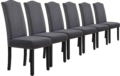 Yaheetech Lot de 6 Chaises de Salle à Manger en Tissu Haut Dossier Large Assise Confortable Ensemble de Chaises de Cuisine Pieds en Bois Massif Design Classique Garniture Boutons Bronzés Gris Foncé