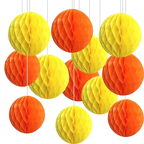 CC wonderland zone 12pcs Orange and Yellow Paper Honeycomb Balls,Hanging Tissue Pom poms for Party Decoration,6inch&10inch