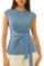 Damen Elegante Wickelbluse Rundhalsausschnitt Bluse Leichte Bequeme Shirt Business Kurzarm Oberteile Sommer Top Freizeit Grau Blau L
