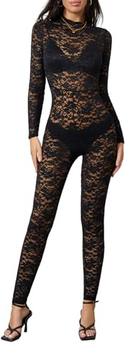 HodJIU Combinaison Transparente Femme Combinaison Moulante en Dentelle à Manches Longues Nuisette Lingerie Sexy (Noir, L)