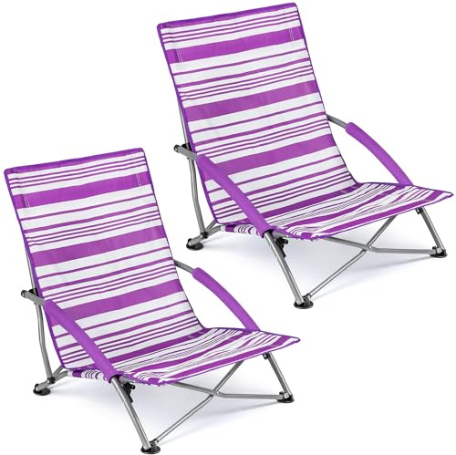 Trail Low Folding Beach Chair, Lightweight Portable Deck Sun Lounger Seat, Camping Festival Picnic Garden, Padded Armrests, Anti Sink Feet, Carry Bag with Strap (2 x Chairs)